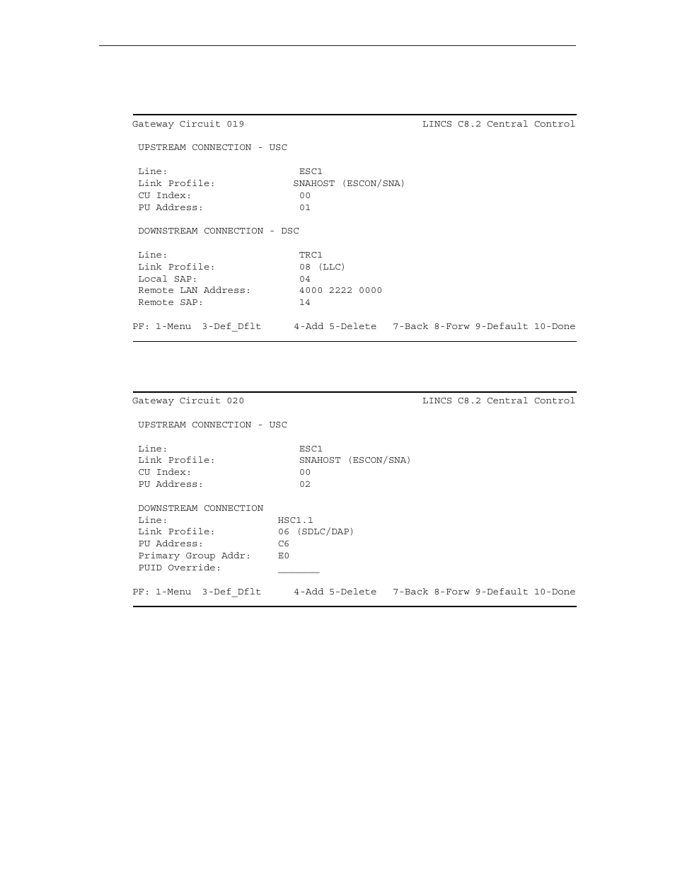 Gateway circuit 019 (escon to token ring - llc), Gateway circuit 020 (escon to sdlc dap) | Visara LINCS Configuration User Manual | Page 120 / 240