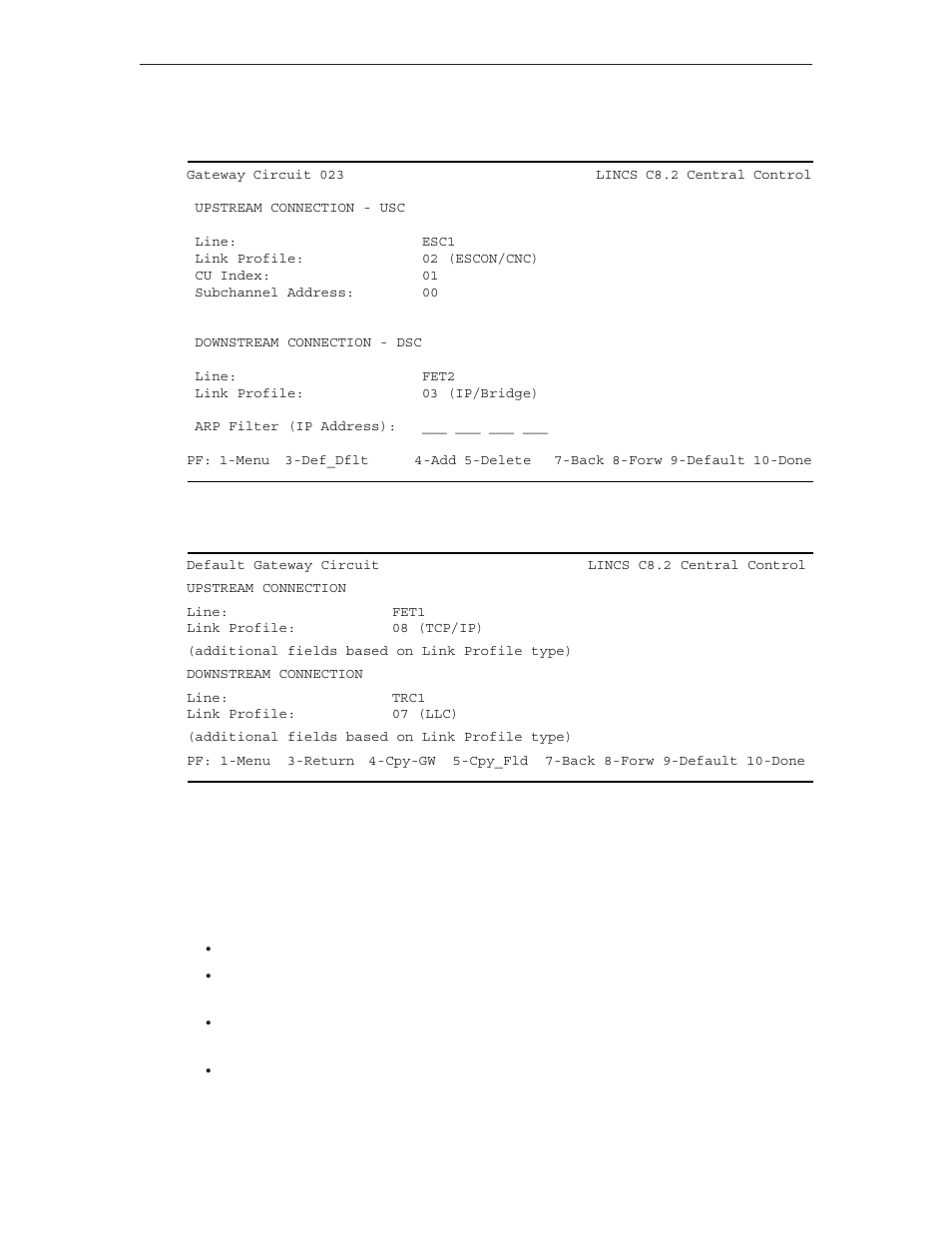 Gateway circuit 023 (escon cnc to ip/bridge), The default gateway circuit, Function keys | Visara LINCS Configuration User Manual | Page 122 / 240