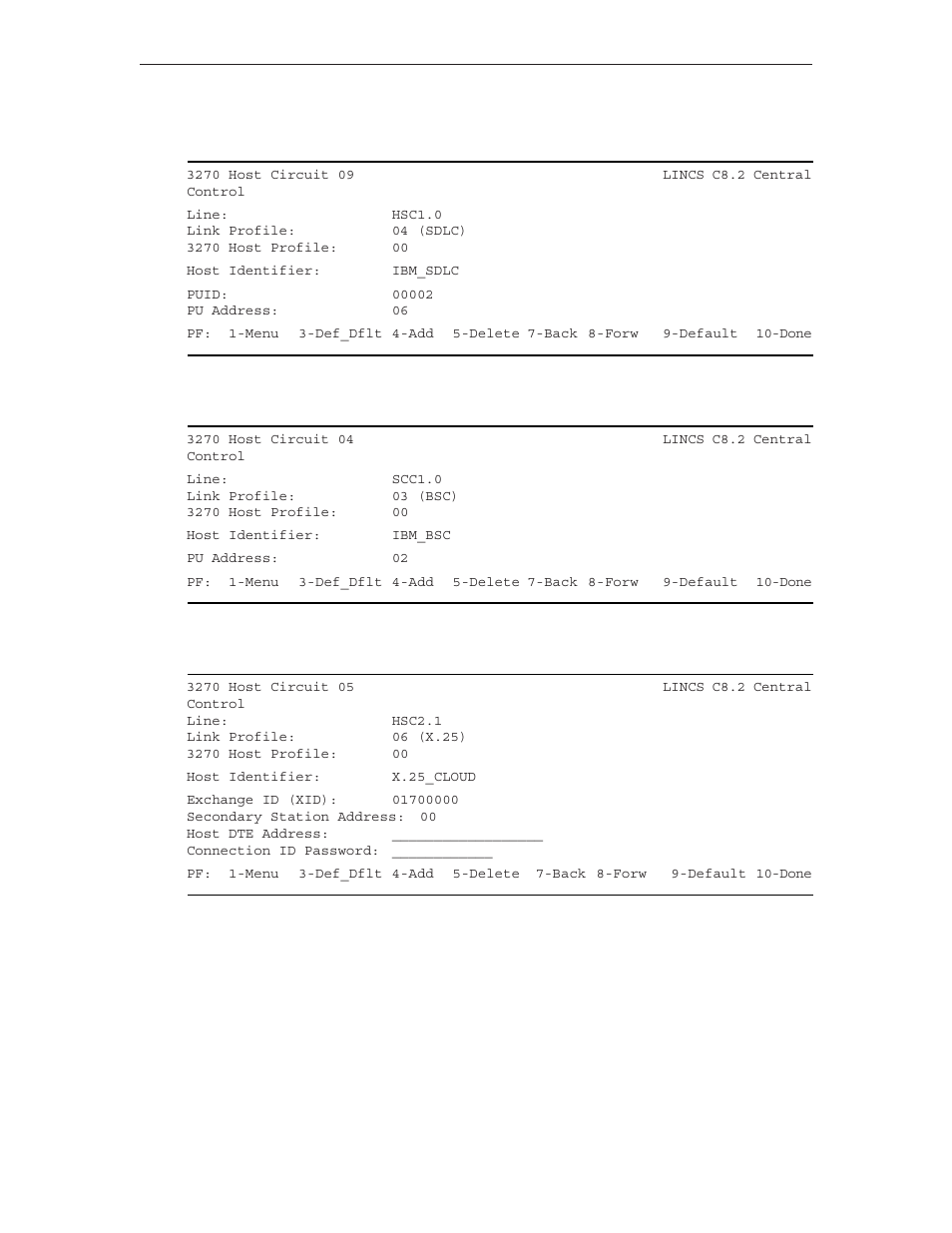 Sdlc host circuit, Bsc host circuit, X.25 host circuit | Visara LINCS Configuration User Manual | Page 138 / 240