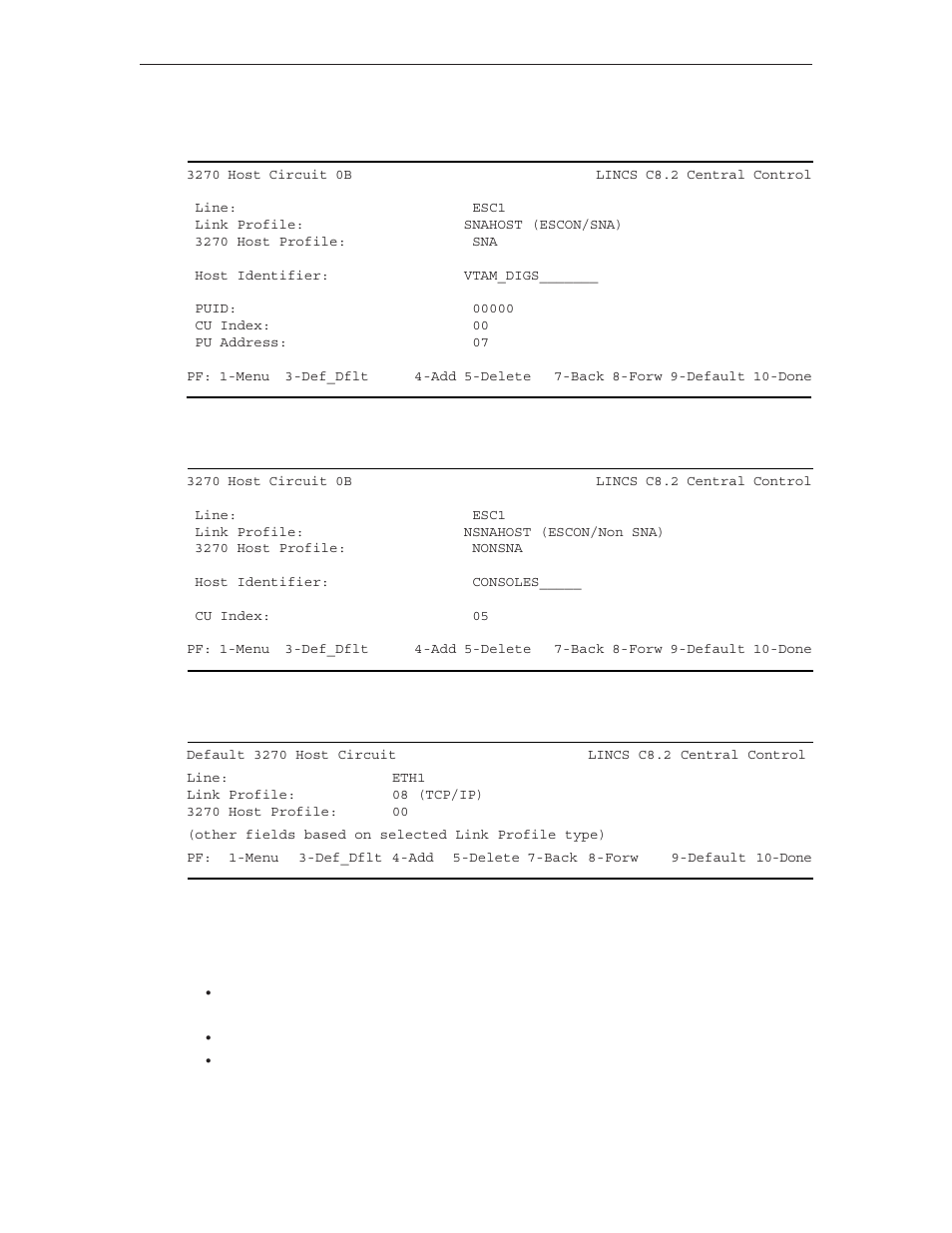 Escon (sna) host circuit, Escon (non-sna) host circuit, Default 3270 host circuit | Visara LINCS Configuration User Manual | Page 140 / 240