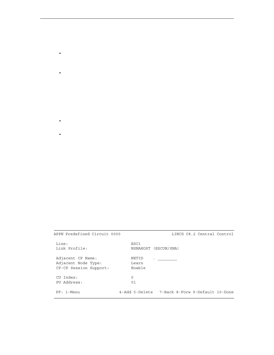 Adding and deleting dynamic connection lines, Appn predefined circuits, Appn predefined circuits example panels | Escon/sna | Visara LINCS Configuration User Manual | Page 151 / 240