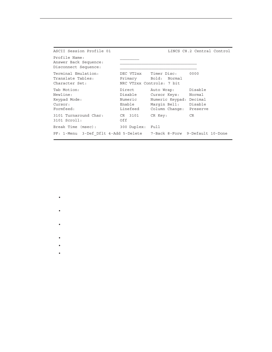 Ascii session profile 01, Profile name, Answer back sequence | Profile name answer back sequence | Visara LINCS Configuration User Manual | Page 161 / 240