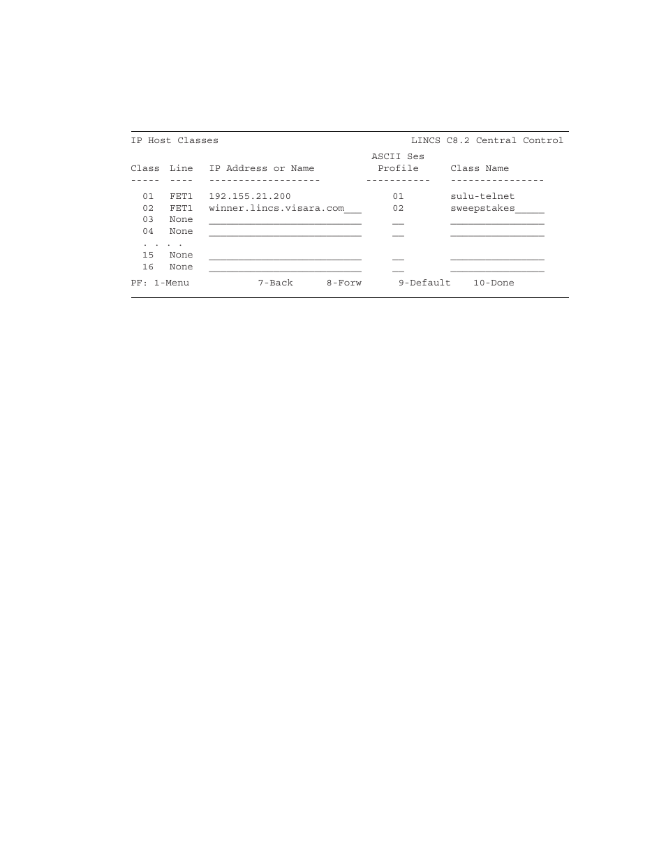 Ip host classes, Class, Line to ip host | Ip address or name, Ascii session profile, Class name | Visara LINCS Configuration User Manual | Page 171 / 240