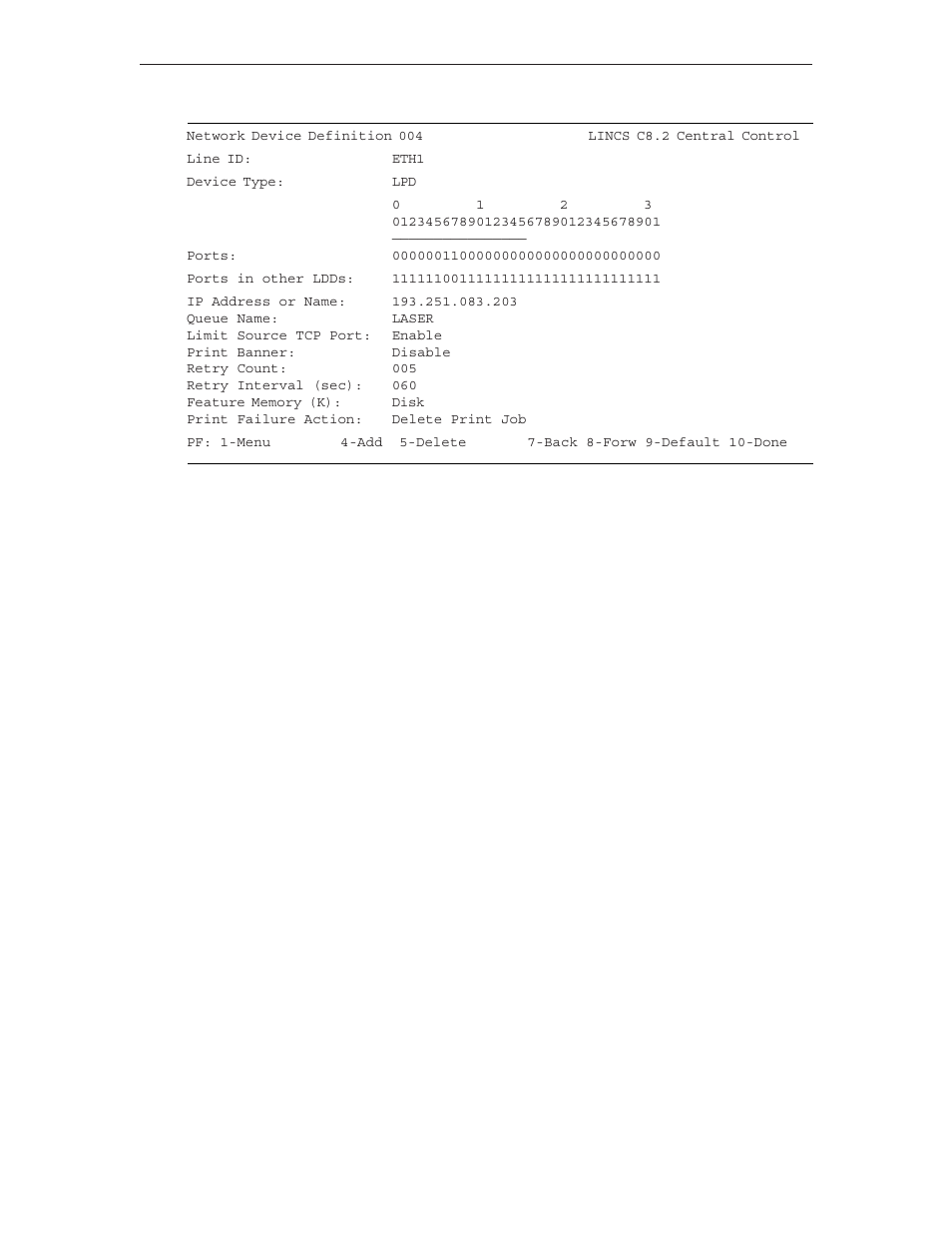 Line id, Ip address or name, Queue name | Limit source tcp port, Print banner | Visara LINCS Configuration User Manual | Page 186 / 240