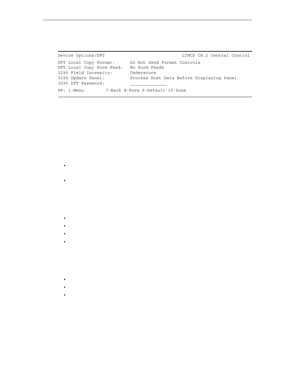 Device options/dft, Dft local copy format, Dft local copy form feed | 3290 field intensity | Visara LINCS Configuration User Manual | Page 195 / 240