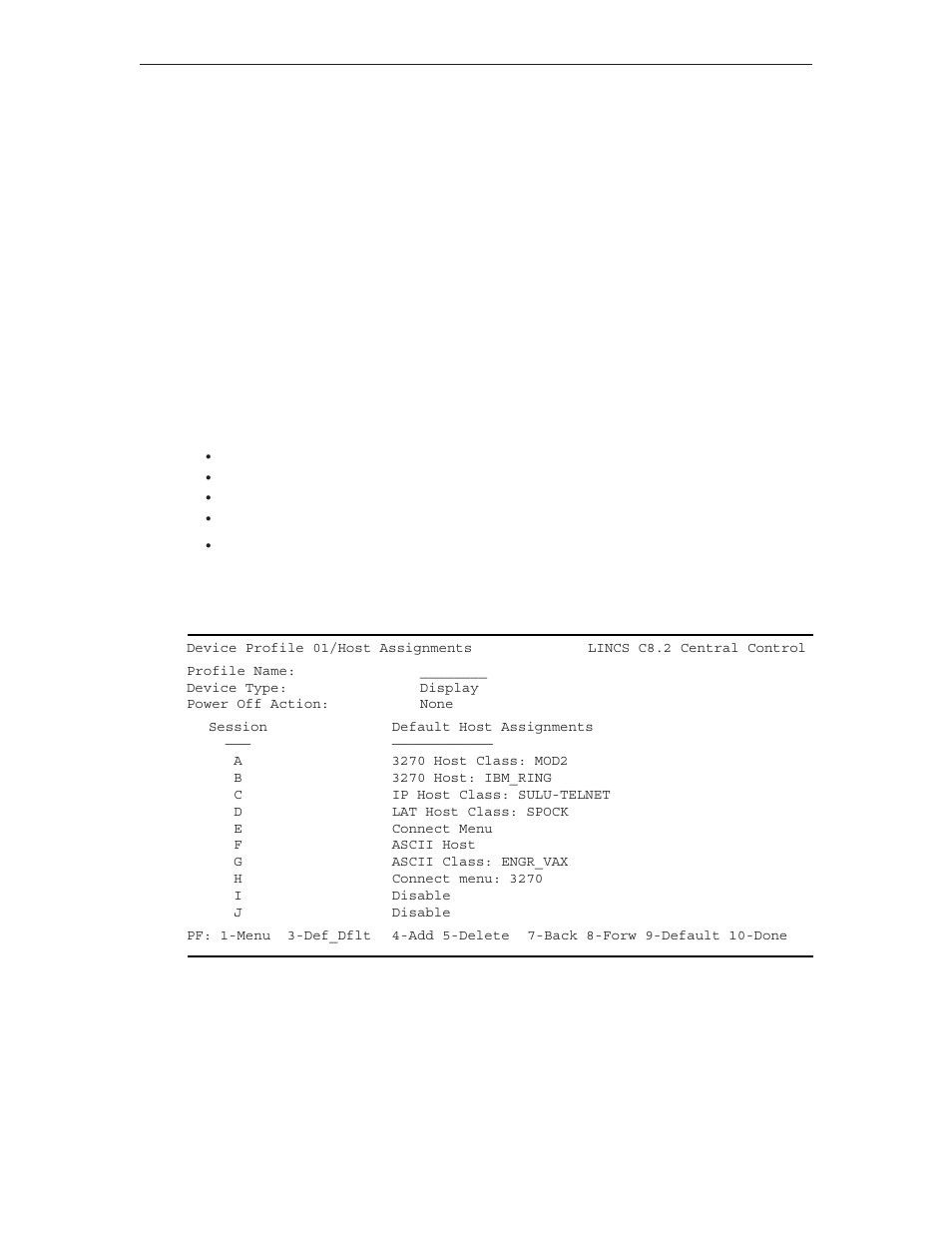 Device profiles, Host assignments, Device type | Device profiles host assignments | Visara LINCS Configuration User Manual | Page 198 / 240