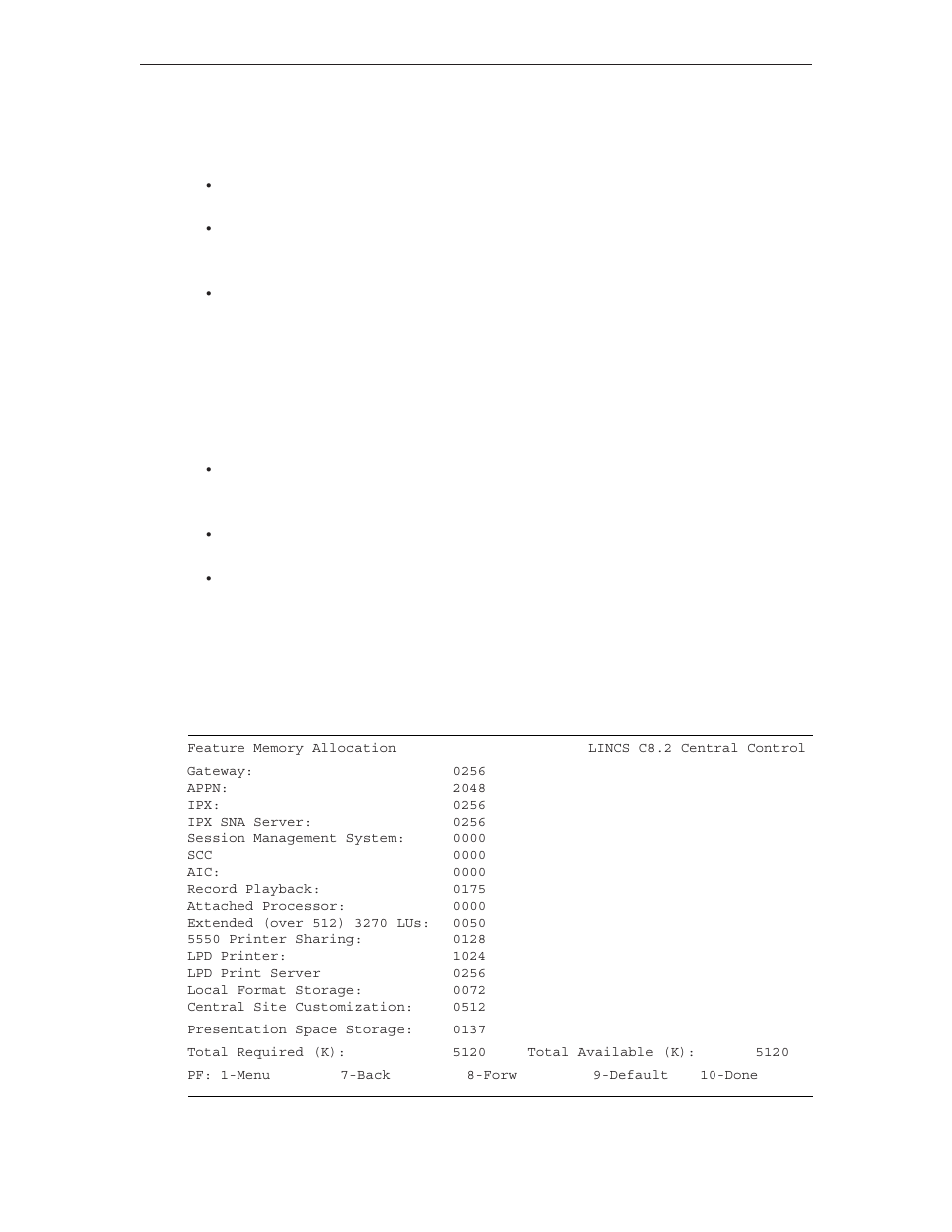 Default printer assignments, Printer assignment field, Feature memory allocation | Visara LINCS Configuration User Manual | Page 216 / 240