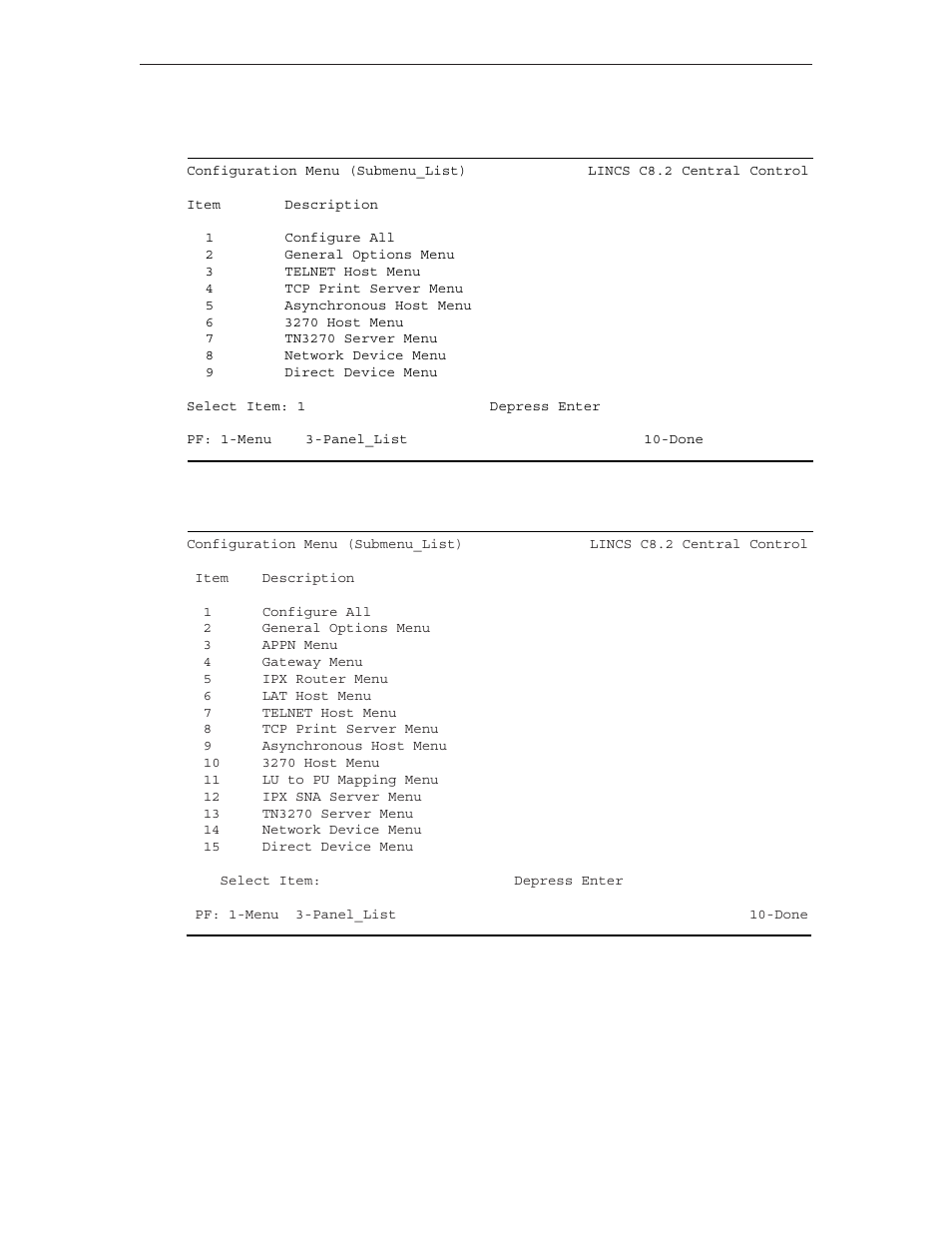 Configuration menu (submenu_list) for scon, Configuration menu (submenu_list) for 1174 | Visara LINCS Configuration User Manual | Page 25 / 240