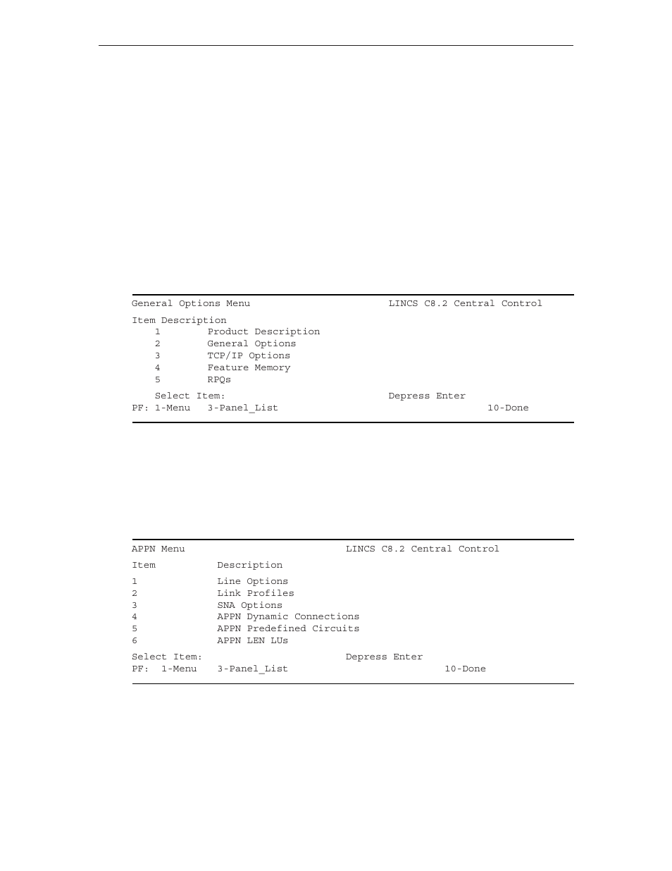 Configuration submenus, General options sub-menu, Appn (sub-menu list) | General options sub-menu appn (sub-menu list) | Visara LINCS Configuration User Manual | Page 29 / 240