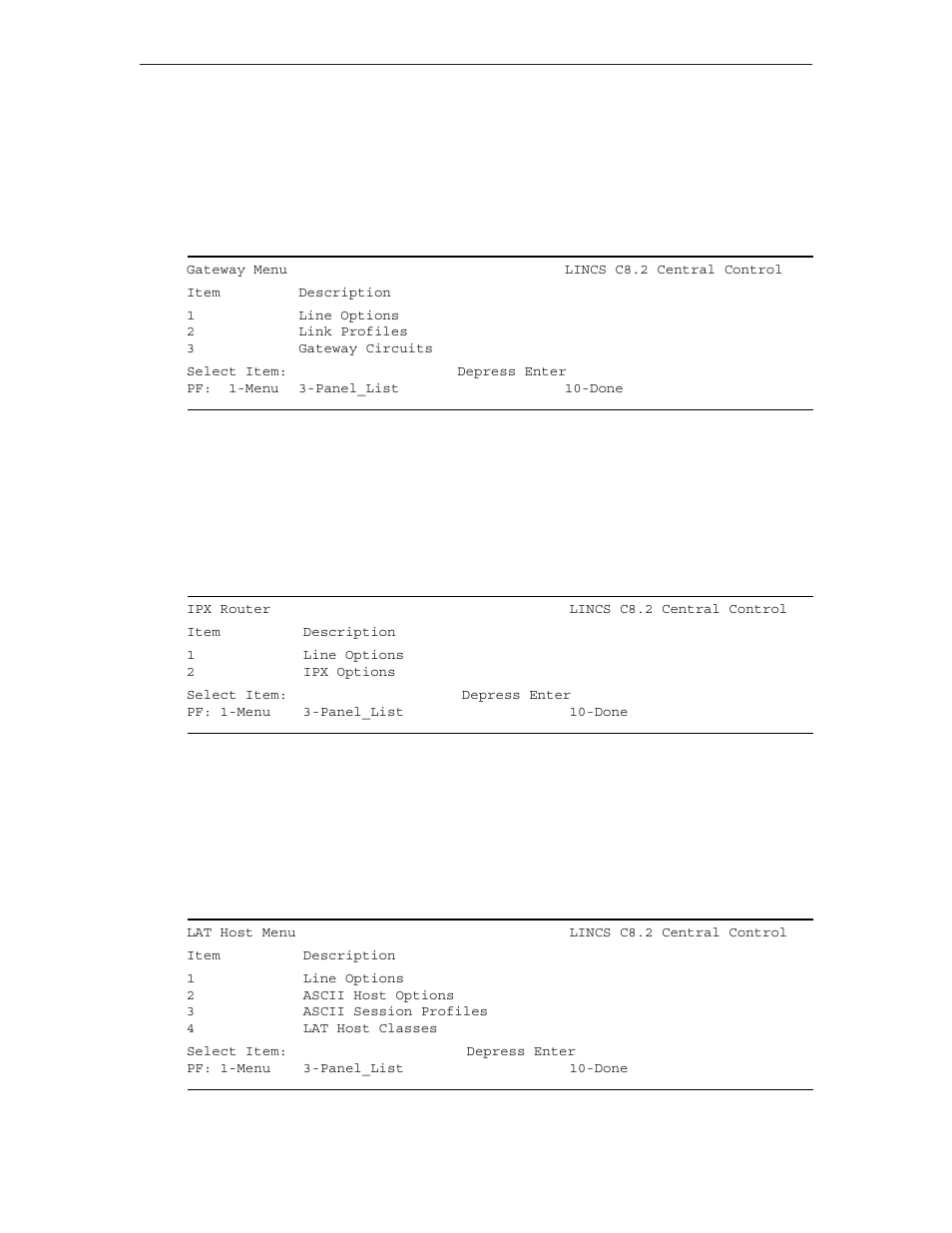 Gateway menu, Ipx router menu, Lat host menu | Gateway menu ipx router menu lat host menu | Visara LINCS Configuration User Manual | Page 30 / 240