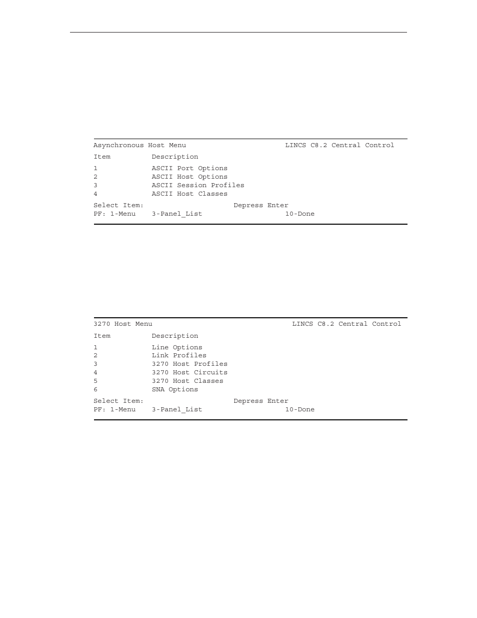 Asynchronous host menu, 3270 host menu, Asynchronous host menu 3270 host menu | Visara LINCS Configuration User Manual | Page 32 / 240