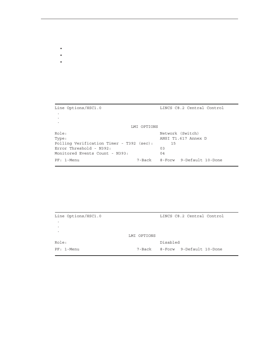 Lmi options for network (switch) role, Lmi options for disabled lmi role, Default committed information rate (cir) | Visara LINCS Configuration User Manual | Page 60 / 240