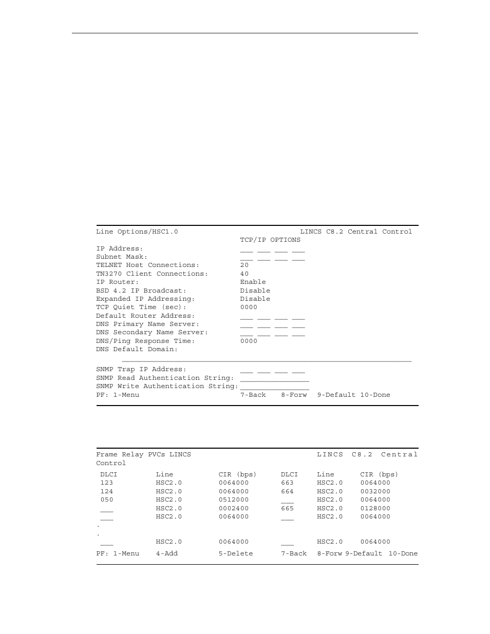 Link subsystem name on frame relay llc options, Lu to pu mapped circuits, Tcp/ip options (hsc) | Frame relay pvcs, Tcp/ip options (hsc) frame relay pvcs | Visara LINCS Configuration User Manual | Page 64 / 240