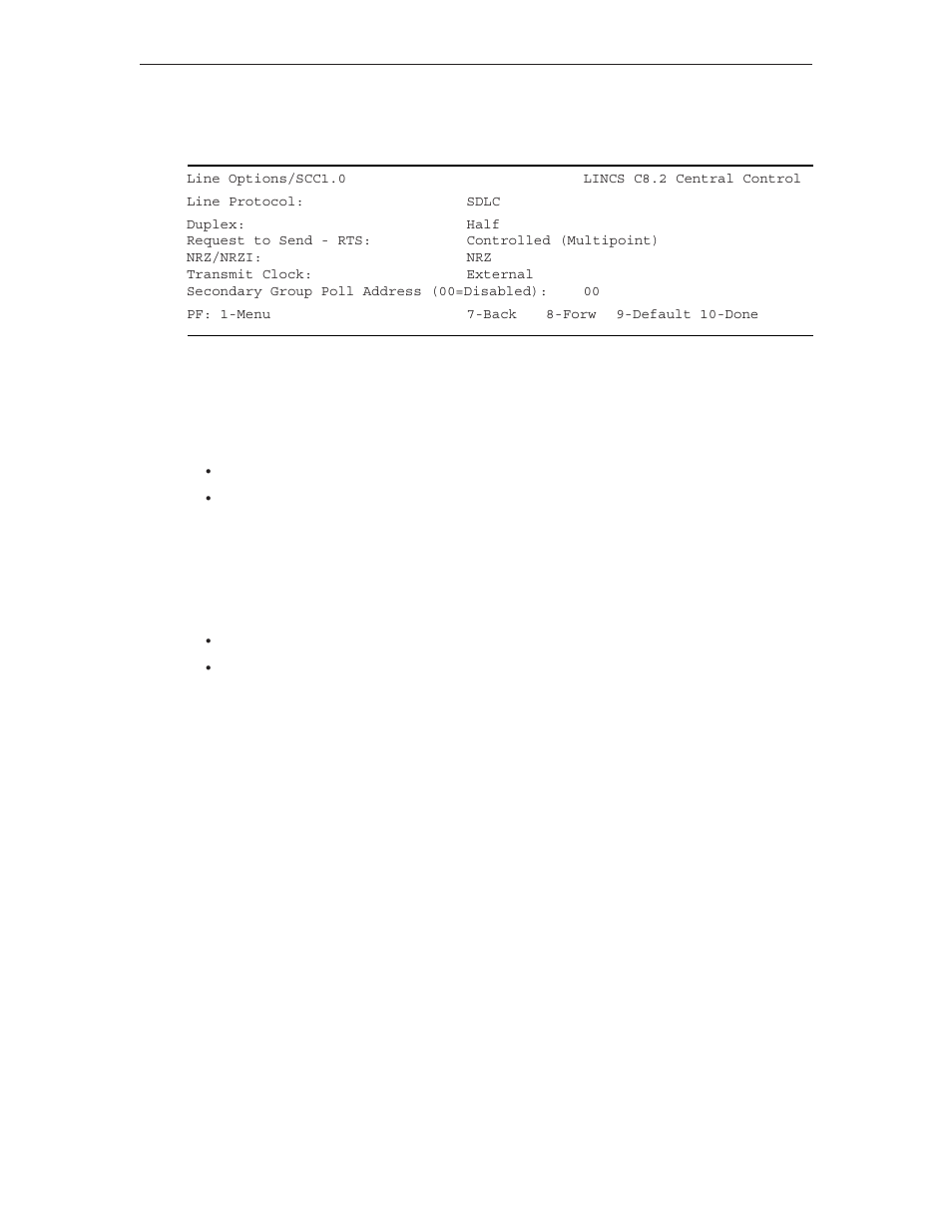 Sdlc on scc or hsc line, Duplex, Request to send - rts | Nrz/nrzi, Secondary group poll address, Transmit clock | Visara LINCS Configuration User Manual | Page 67 / 240