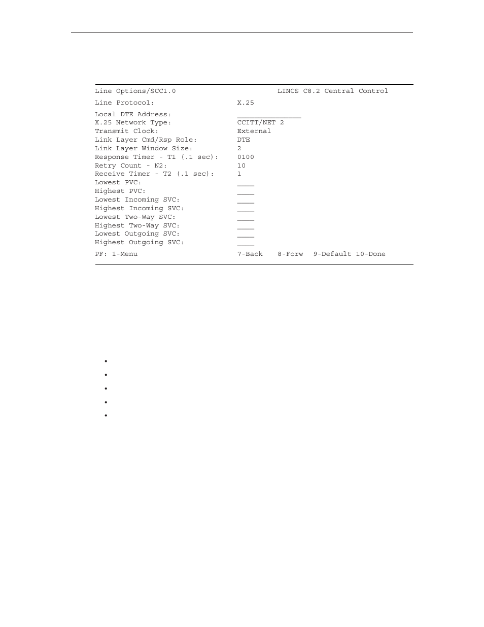 Scc x.25 line options, Local dte address, X.25 network type | Transmit clock, Local dte address x.25 network type transmit clock | Visara LINCS Configuration User Manual | Page 74 / 240