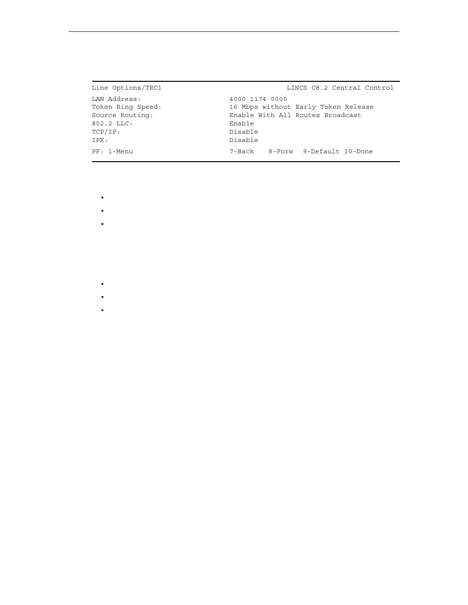 Line options/trc, Source routing, 2 llc (trc) | Tcp/ip, Source routing 802.2 llc (trc) tcp/ip ipx | Visara LINCS Configuration User Manual | Page 82 / 240