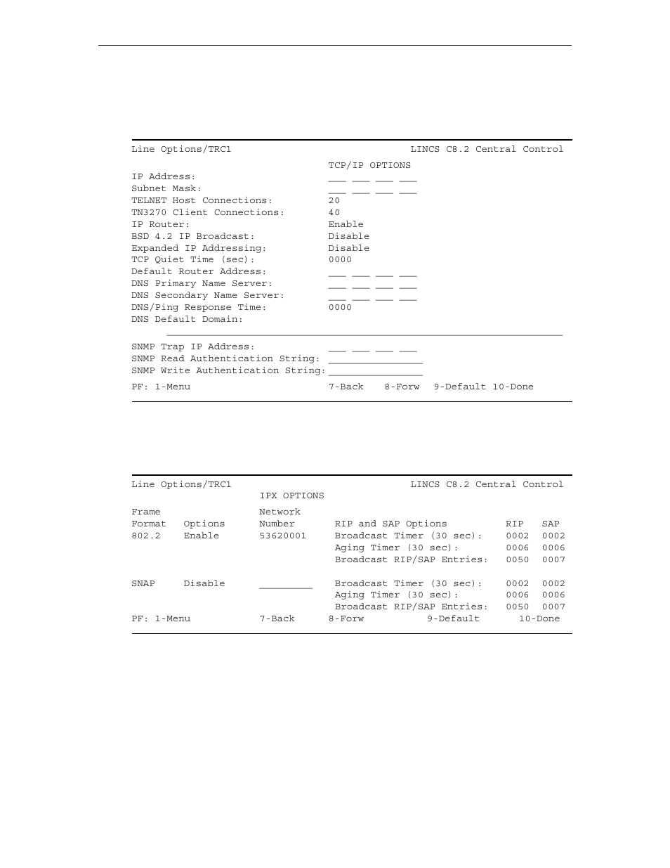 Tcp/ip options (trc), Ipx options (trc), Response timer-llc options | Ipx options (trc) response timer-llc options | Visara LINCS Configuration User Manual | Page 84 / 240