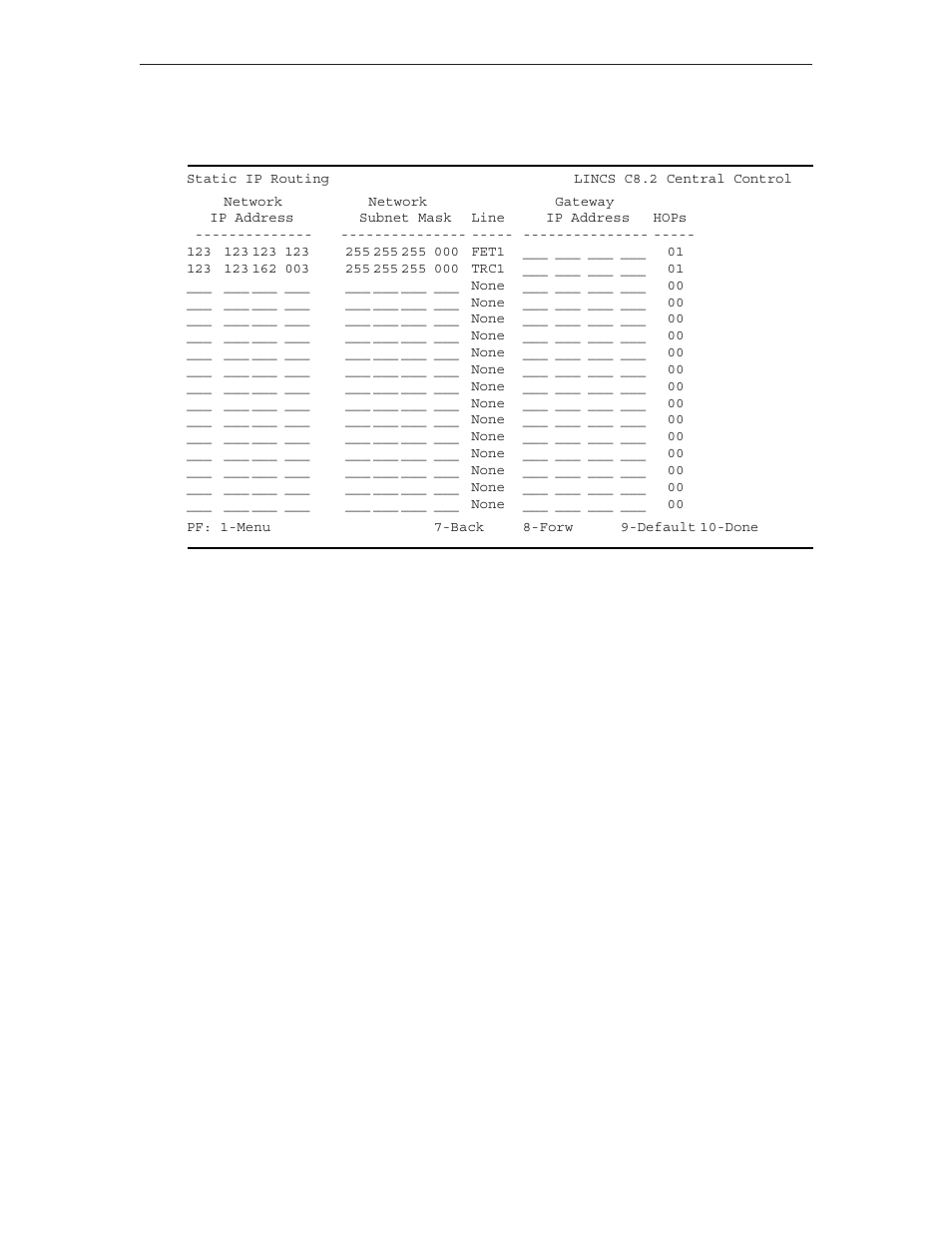 Static ip routing, Routing field descriptions, Network ip address | Network subnet mask, Line, Gateway ip address, Hops | Visara LINCS Configuration User Manual | Page 90 / 240