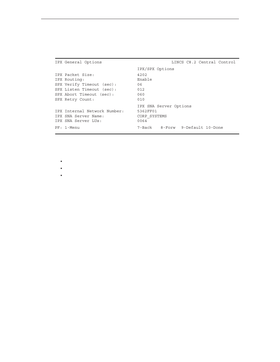 Ipx general options, Ipx packet size, Ipx routing | Ipx sna server name, Ipx packet size ipx routing ipx sna server name | Visara LINCS Configuration User Manual | Page 94 / 240