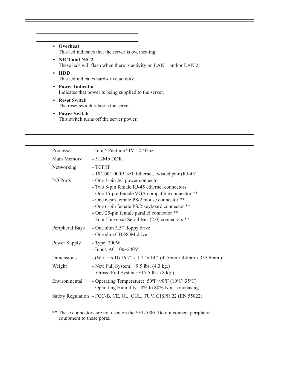 Control panel indicators and switches, Specifications, Control panel indicators and switches -4 | Specifications -4, Ssl1000 user’s manual | Visara SSL1000 User Manual | Page 10 / 42