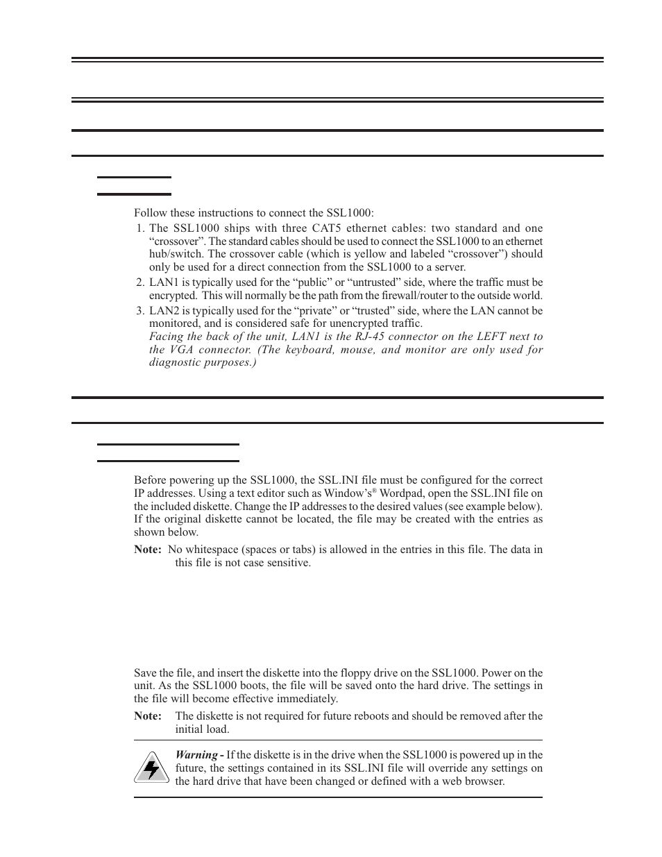 Chapter 2. installation and configuration, Installation, Basic setup | Configuration, Editing the ssl.ini file, Connecting the terminal, Installation and configuration, Ssl.ini file, editing, Chapter 2. installation and configuration -1, Installation -1 | Visara SSL1000 User Manual | Page 11 / 42