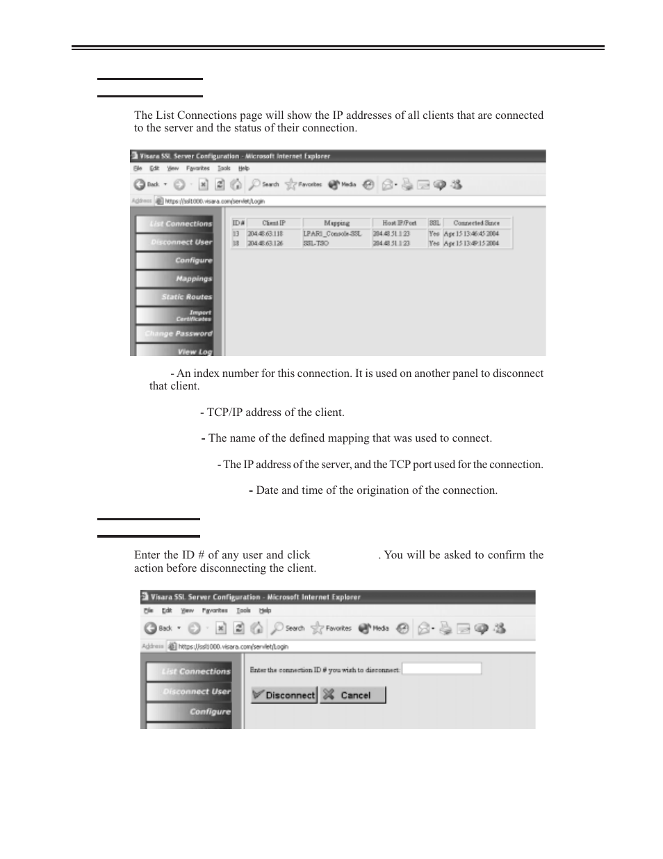 List connections, Disconnect user, List connections -3 disconnect user -3 | Chapter 2. installation and configuration | Visara SSL1000 User Manual | Page 13 / 42