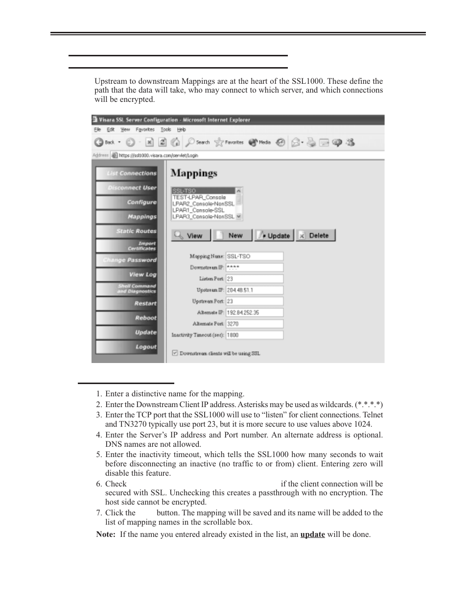 Defining the upstream and downstream mappings, Mappings, defining, Defining the upstream and downstream mappings -5 | Chapter 2. installation and configuration | Visara SSL1000 User Manual | Page 15 / 42