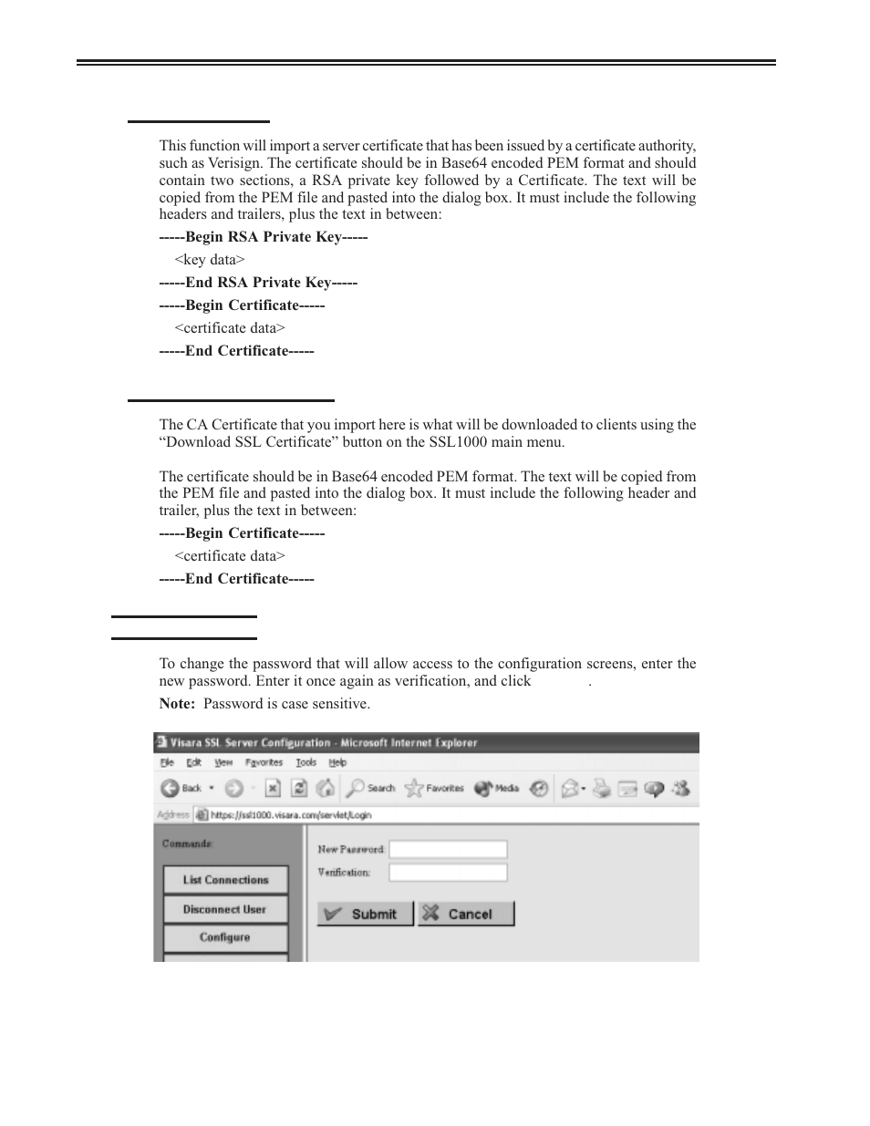 Change password, Root authority, Server | Password, Root authority certificate, Server certificate, Change password -8, Ssl1000 user’s manual | Visara SSL1000 User Manual | Page 18 / 42