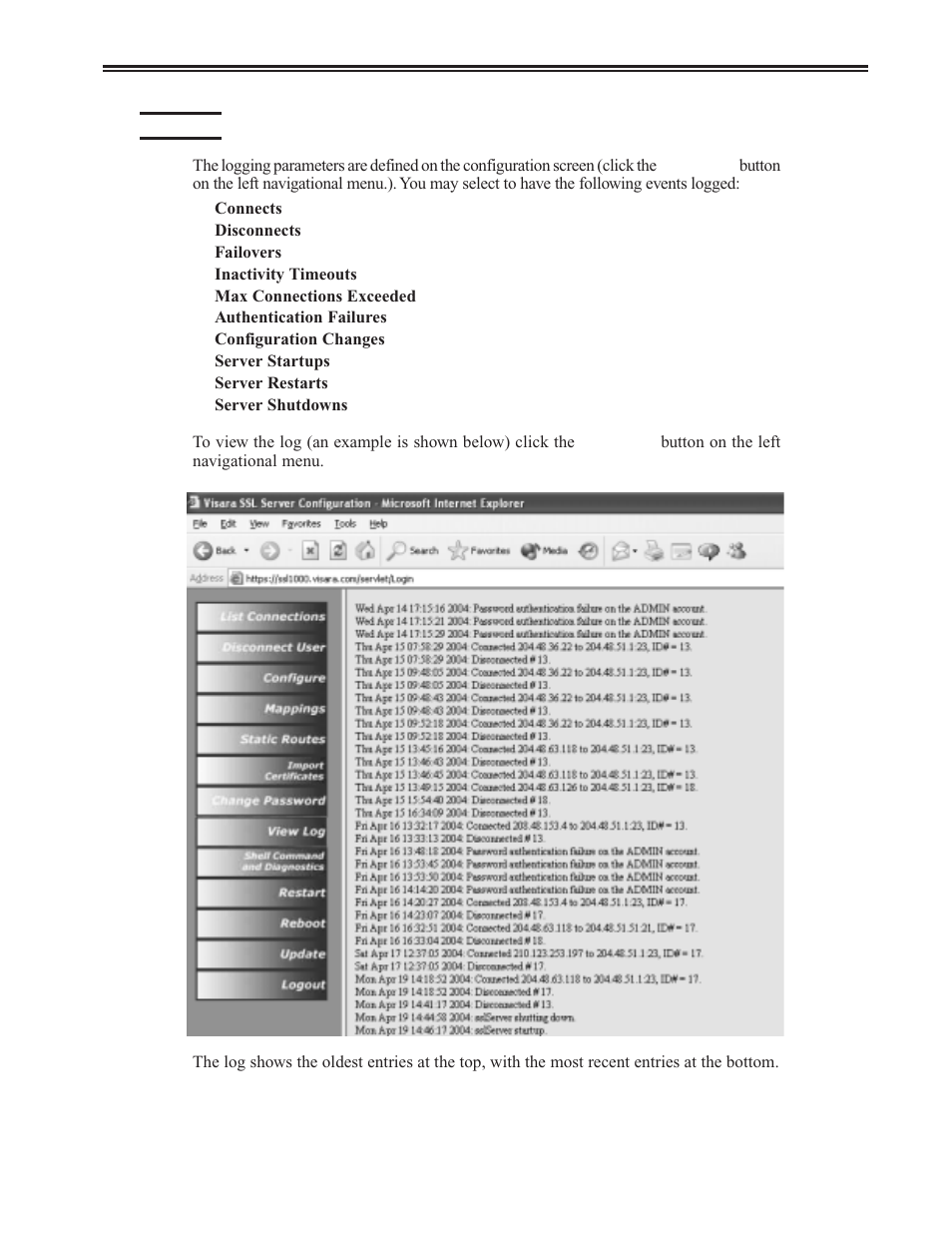 View log, Log, view, View log -9 | Chapter 2. installation and configuration | Visara SSL1000 User Manual | Page 19 / 42