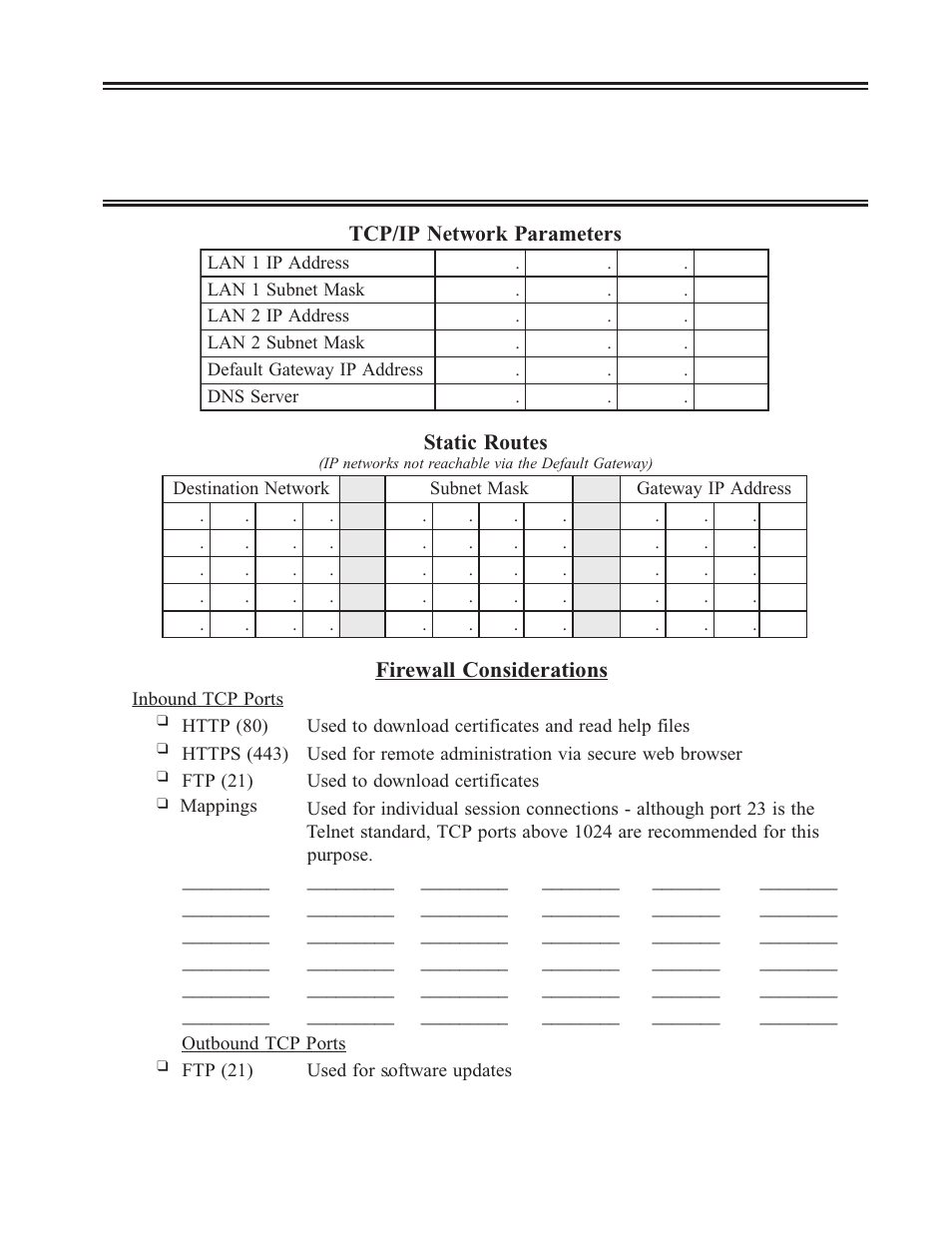 Appendix a. ssl1000 administrator's worksheet, Administrator's worksheet, Firewall considerations | Tcp/ip network parameters, Appendix a. ssl1000 administrator’s worksheet | Visara SSL1000 User Manual | Page 29 / 42