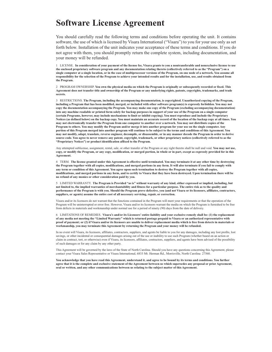 Software license agreement | Visara SSL1000 User Manual | Page 3 / 42