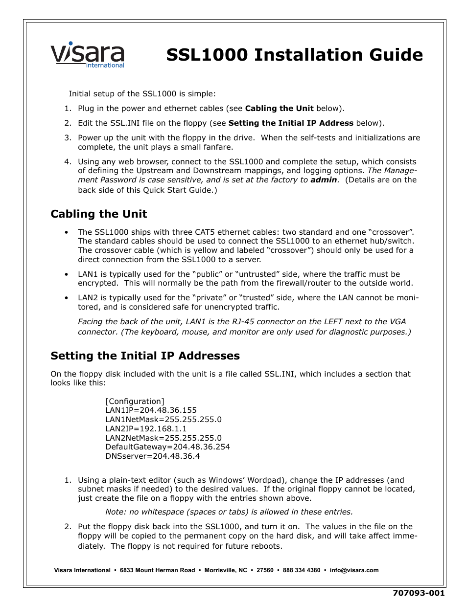 Visara SSL1000 Installation User Manual | 2 pages