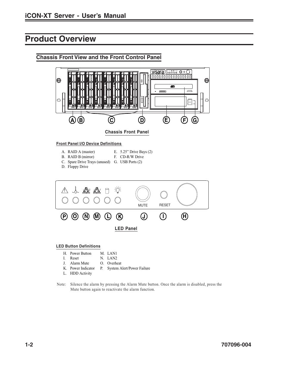 Product overview, Chassis front view and the front control panel, Chassis front view illustrated | Front control panel illustrated, Standard features, Product overview -2, Chassis front view and the front control panel -2, Icon-xt server - user’s manual | Visara iCON-XT User Manual | Page 10 / 144