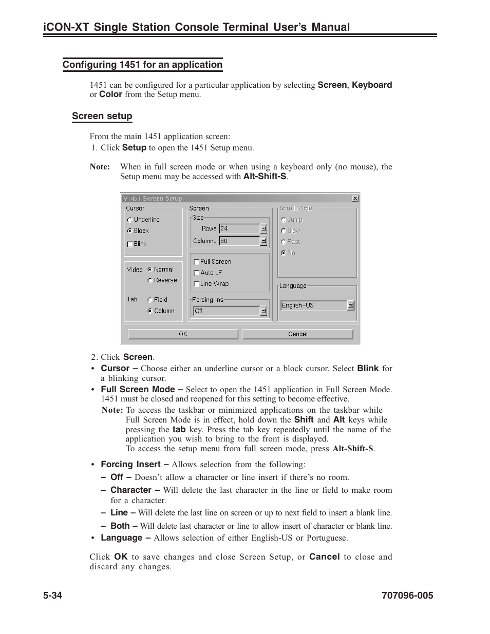 Configuring for an application, Screen setup, Screen setup, 1451 | 1451, applications for | Visara iCON-XT User Manual | Page 100 / 144