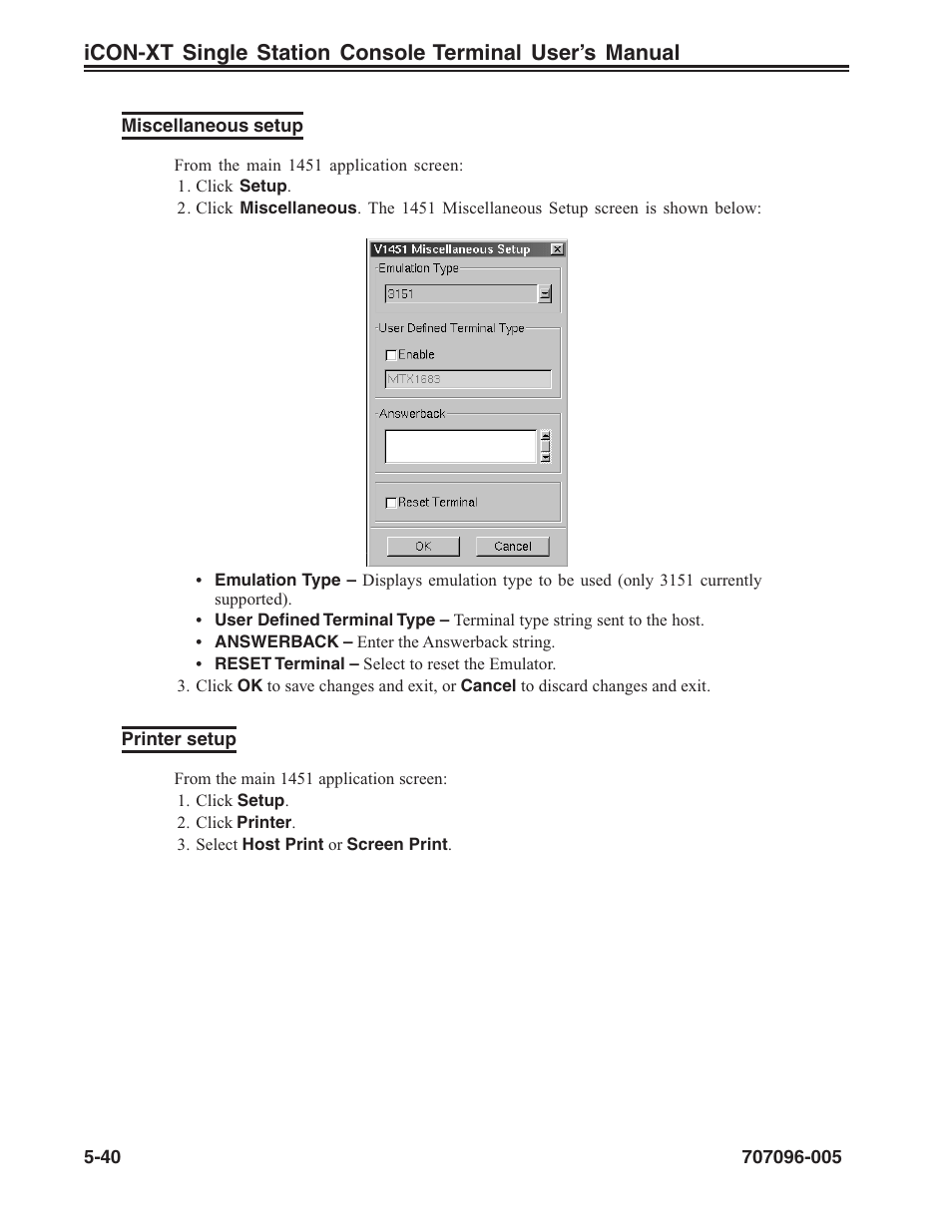 Printer setup, Miscellaneous setup, Miscellaneous setup, 1451 | Print setup, 1451, Printer setup -40 | Visara iCON-XT User Manual | Page 106 / 144