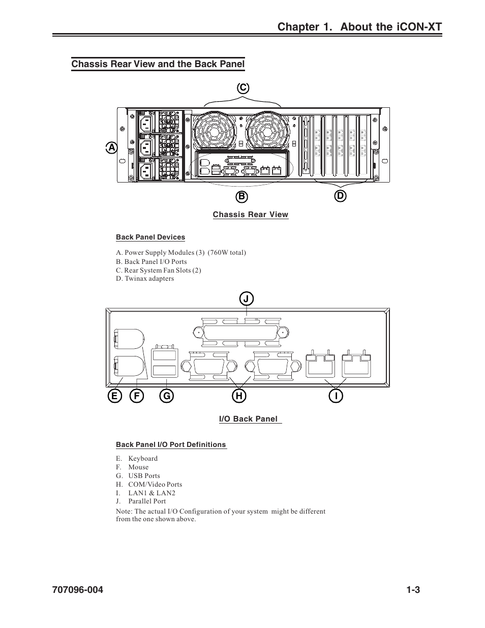 Chassis rear view and the back panel, Back panel illustrated, Chassis rear view illustrated | Chassis rear view and the back panel -3, Chapter 1. about the icon-xt | Visara iCON-XT User Manual | Page 11 / 144