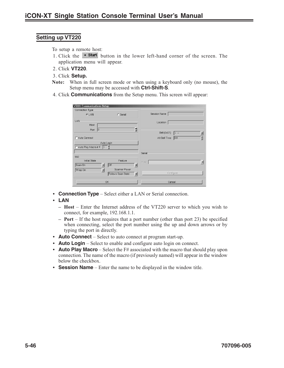 Setting up vt220, Vt220, Communications setup, vt220 | Setting up, Setting up vt220 -46 | Visara iCON-XT User Manual | Page 112 / 144