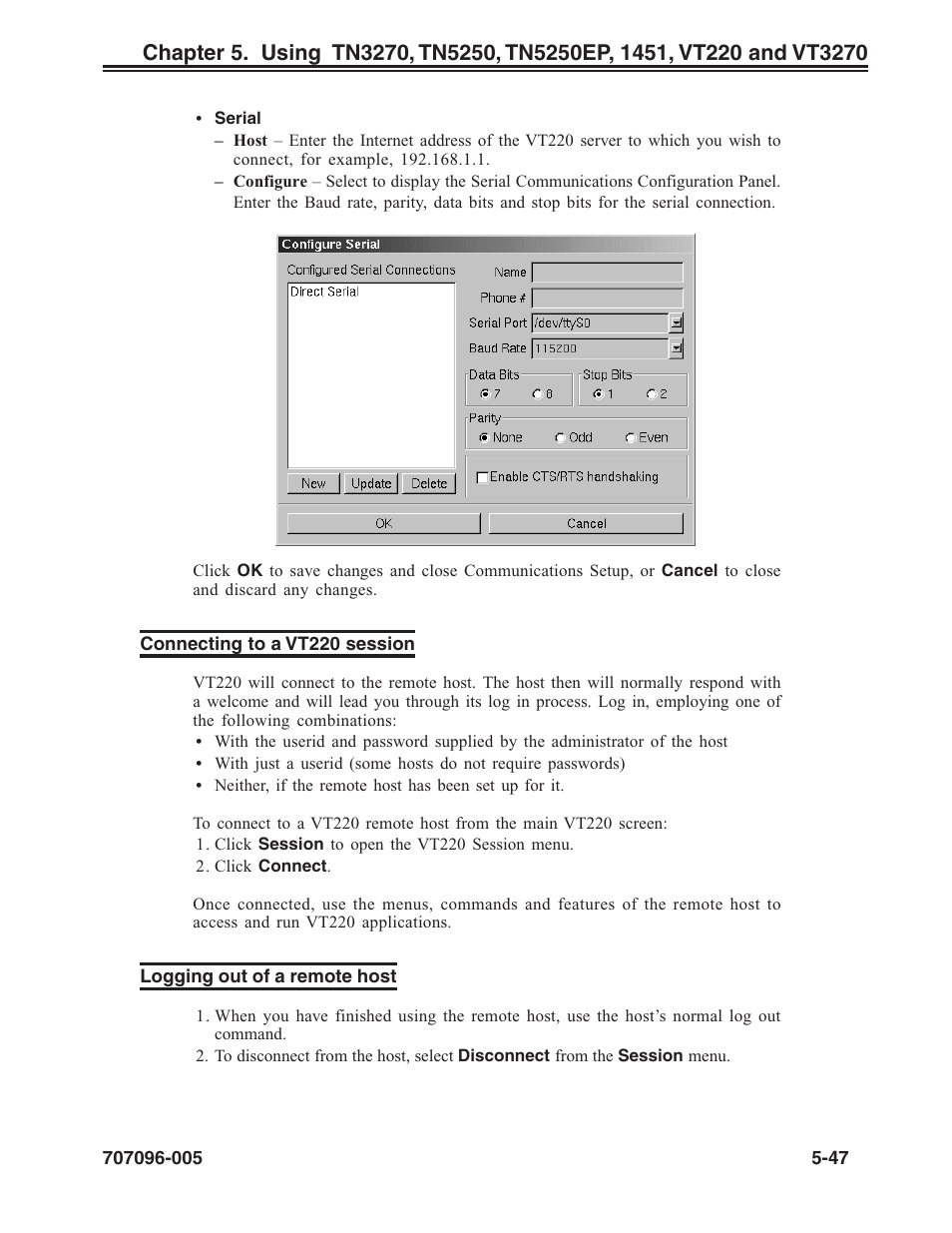 Connecting to a vt220 session, Logging out of a remote host, Vt220 | Session, connecting to, Session, ending | Visara iCON-XT User Manual | Page 113 / 144