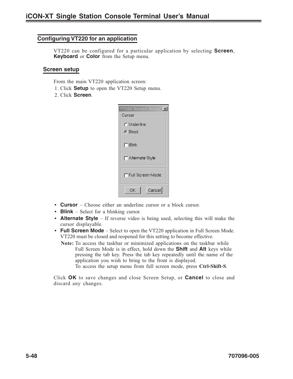 Configuring vt220 for an application, Screen setup, vt220, Vt220, applications for | Vt220, Configuring for an application, Screen setup, Configuring vt220 for an application -48 | Visara iCON-XT User Manual | Page 114 / 144