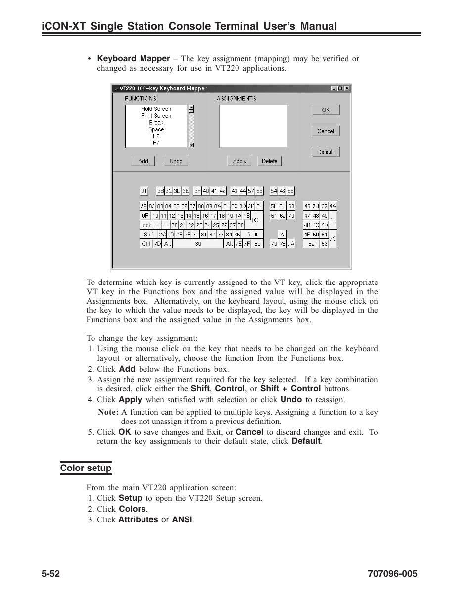 Color setup, Vt220, Color setup, vt220 | Keyboard mapper, Color setup -52 | Visara iCON-XT User Manual | Page 118 / 144