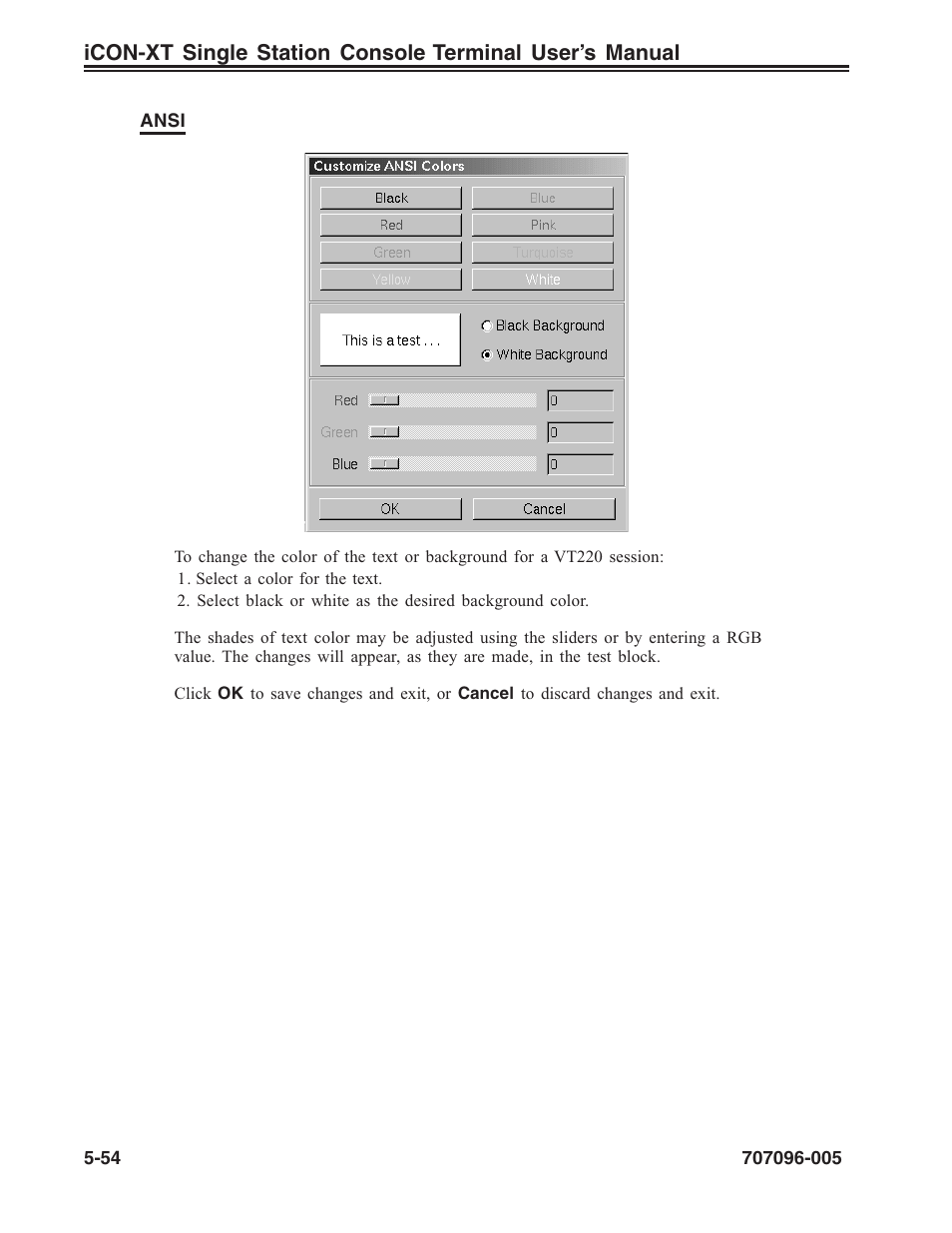 Ansi color setup, vt220, Color setup, ansi | Visara iCON-XT User Manual | Page 120 / 144