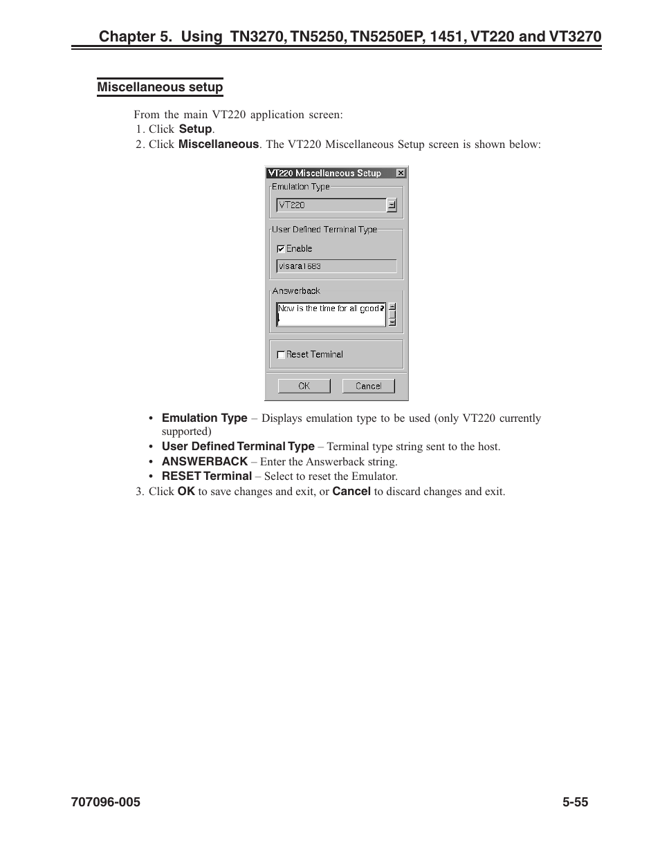 Miscellaneous setup, Vt220, Miscellaneous setup, vt220 | Miscellaneous setup -55 | Visara iCON-XT User Manual | Page 121 / 144