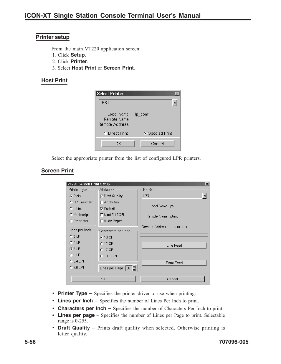 Printer setup, Print setup, vt220, Vt220 | Host print, Screen print, Printer setup -56 | Visara iCON-XT User Manual | Page 122 / 144