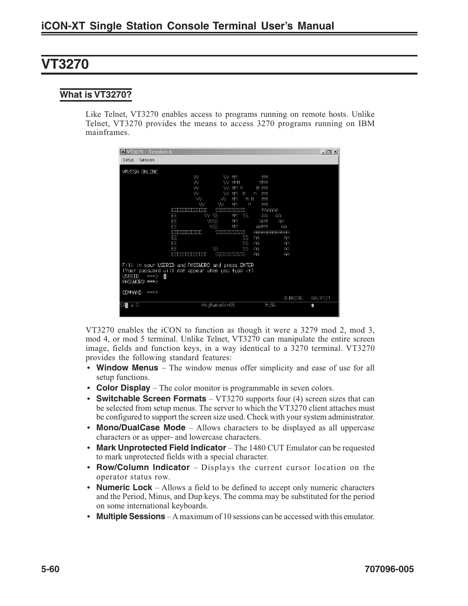 Vt3270, What is vt3270, About | Features, Functioning as 3279 terminal, Vt3270 -60, What is vt3270? -60 | Visara iCON-XT User Manual | Page 126 / 144