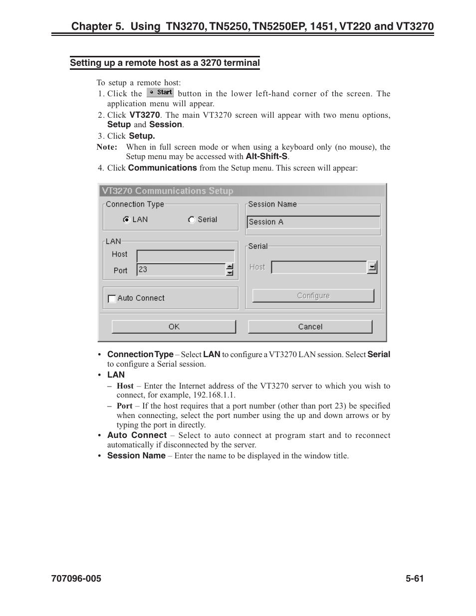 Setting up a remote host as a 3270 terminal, Vt3270, Communications setup, vt3270 | Communications setup, Setting up a remote host, Setting up a remote host as a 3270 terminal -61 | Visara iCON-XT User Manual | Page 127 / 144