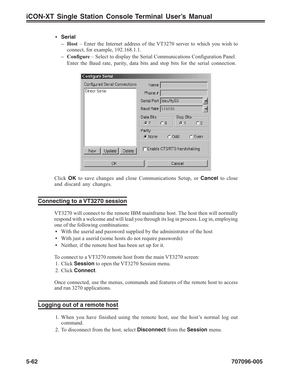 Connecting to a vt3270 session, Logging out of a remote host, Vt3270 | Session, connecting to, Session, ending | Visara iCON-XT User Manual | Page 128 / 144