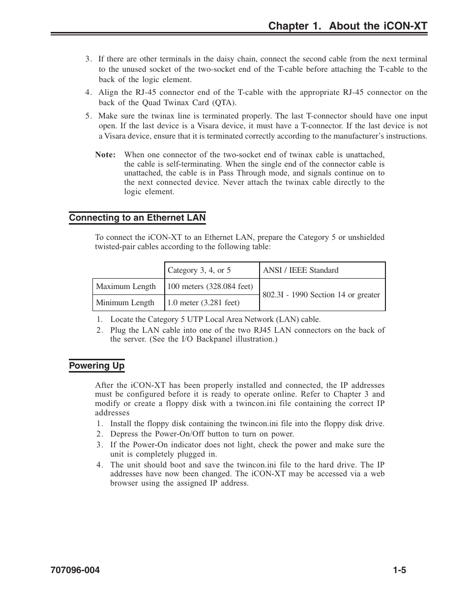 Connecting to an ethernet lan, Powering up, To an ethernet lan | Connecting to an ethernet lan -5 powering up -5, Chapter 1. about the icon-xt | Visara iCON-XT User Manual | Page 13 / 144