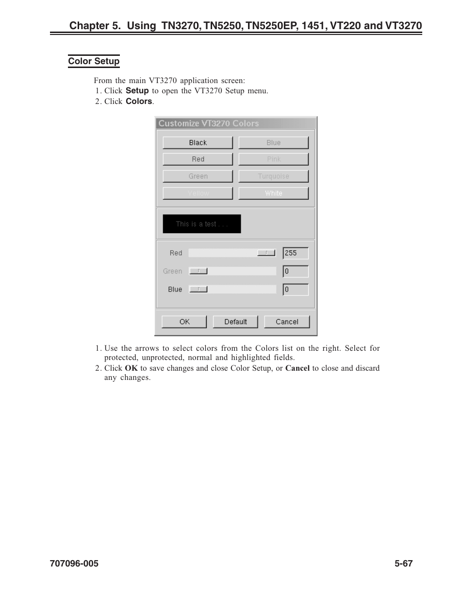 Color setup, Vt3270, Color setup, vt3270 | Color setup -67 | Visara iCON-XT User Manual | Page 133 / 144