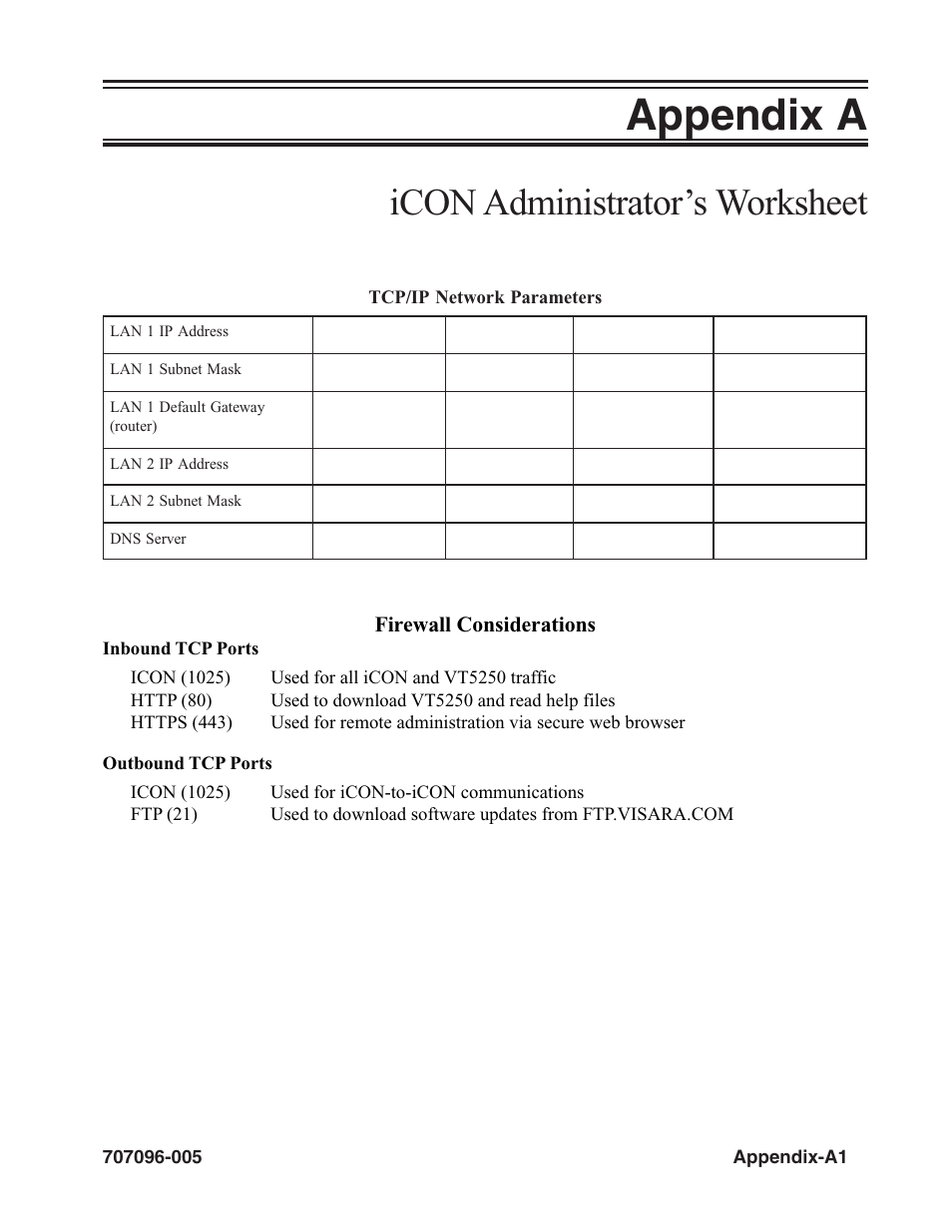 Appendix a, Icon administrator’s worksheet, Firewall considerations | Visara iCON-XT User Manual | Page 135 / 144