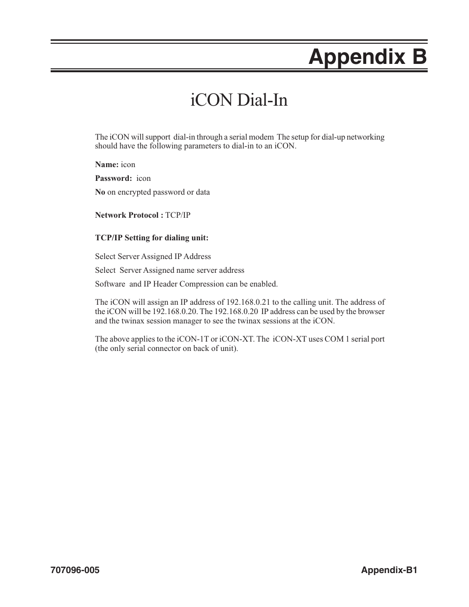 Appendix b, Icon dial-in | Visara iCON-XT User Manual | Page 137 / 144